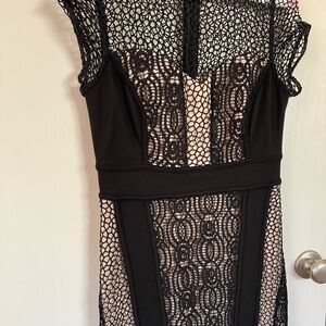 Bodycon Lace overlay Dress midi size 6 black with nude. Nue by Shani.